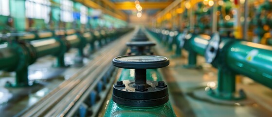 Canvas Print - A close up of a bunch of pipes with gauges on them. AI.