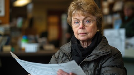 Poster - A woman in glasses holding a piece of paper and looking at it. AI.