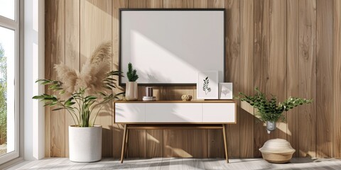 Wall Mural - Minimalist Interior Design with Wooden Wall and Plants