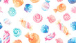 © Gita - A delightful seamless pattern featuring various watercolor candies in pastel hues on a white background. Perfect for festive and playful designs, suitable for wrapping paper, stationery, and party