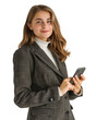 © kaiserseeing - A young woman in a dark blazer and turtleneck smiles while using her smartphone. The image captures a moment of modern connectivity and professional poise, perfect for business or casual settings