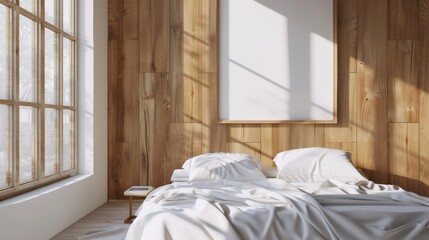 Poster - Modern Bedroom Interior Design with Wooden Wall and White Bed