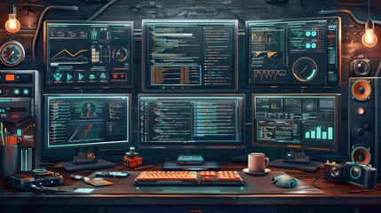 A programmer's workspace with multiple monitors, each showing different aspects of coding projects, surrounded by various gadgets and a coffee cup.