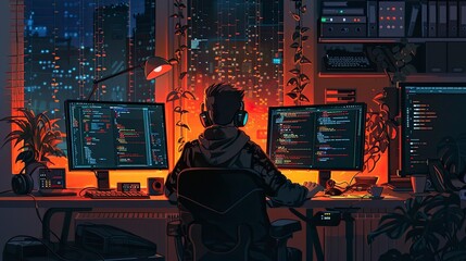 A night-time scene of a programmer working late, illuminated by the light from their monitors, deep in coding.