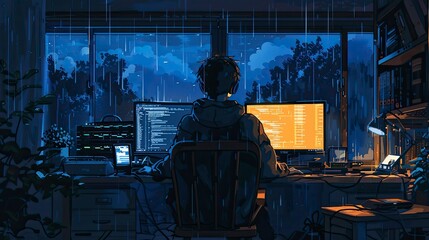 A night-time scene of a programmer working late, illuminated by the light from their monitors, deep in coding.