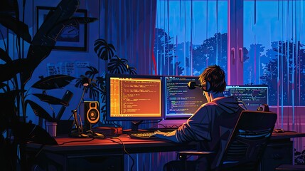 A night-time scene of a programmer working late, illuminated by the light from their monitors, deep in coding.