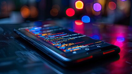 A close-up of a smartphone screen displaying a mobile app's source code, highlighting the process of mobile development.