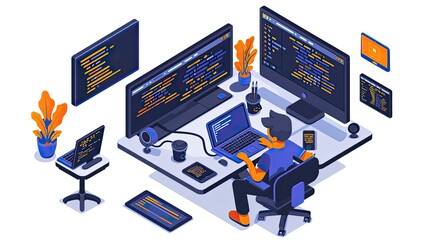 An image of a coder using multiple devices simultaneously, with a laptop, tablet, and smartphone all part of the coding workflow.