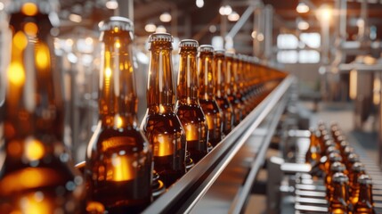 Sticker - A row of beer bottles on a conveyor belt