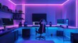 © CYBERPINK - A computer gaming room with neon lights and a neon blue chair