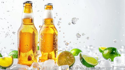 Two bottles of beer with ice cubes and lime wedges on a table