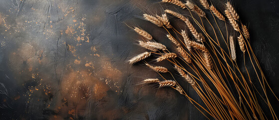 Wall Mural - Harvest festival concept. Fall mockup with golden dry wheat, grain, herbs on textured background. Lammas day composition. Autumn Layout with copy space. Generative ai