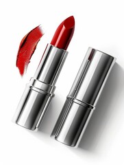 Elegant red lipstick with silver casing and a spread swatch, isolated on white background. Perfect for beauty and makeup themes.