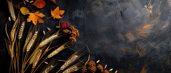 Wall Mural - Harvest festival concept. Fall mockup with golden dry wheat, grain, herbs on dark, textured background. Lammas day composition. Autumn Layout with copy space. Generative a