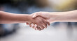© peopleimages.com - Solidarity, handshake and people in agreement for connection, collaboration or respect for social support. Partnership, community and friends shaking hands for peace deal, diversity and introduction.