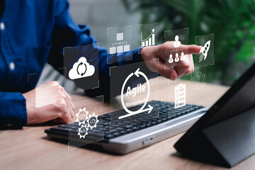 agile software development management concept, businesswomen use tablets learn management to various
