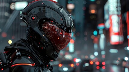 Canvas Print - Futuristic super soldier with a full helmet visor that is like Vanitas. Cyperpunk vibes. Black. Night. City. Motorbike