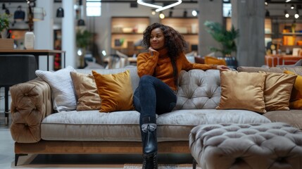 A woman is sitting on a couch with a lot of pillows