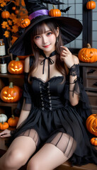 Young beautiful woman dressed as a witch for Halloween. Halloween decorated background.ハロウィンのために魔女の仮装をした若い美人な女性。ハロウィンの装飾された背景。