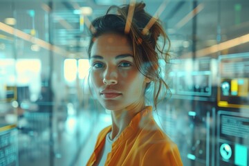 Woman in a Modern Office with Digital Interface