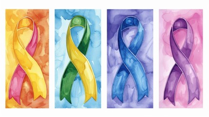 Canvas Print - Vibrant watercolor ribbons in green, blue, and pink, representing Rare Disease Day. Handdrawn illustrations on a clean backdrop.