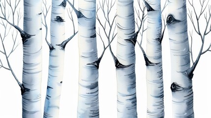 Canvas Print - Experience the beauty of birch trees adorned with buds and branches in delicate watercolor illustrations against a crisp white backdrop.