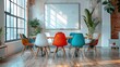 © kanesuan - A bright meeting room with a large whiteboard, colorful chairs, and a variety of office supplies. The room is designed to inspire creativity and productivity.