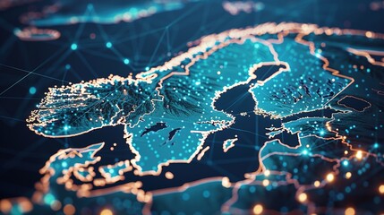 Poster - Abstract digital map of Scandinavia, concept of Northern Europe global network and connectivity, data transfer and cyber technology, information exchange and telecommunication