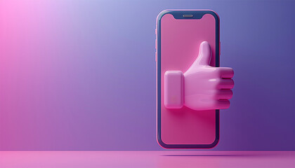 Social media thumb likes concept. Modern people using social media network. Neon pink and purple design. Thumbs and heart icons in foreground. Concept of online life and content