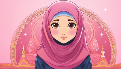 Wall Mural - ai generative of cartoon image of a Muslim woman wearing a hijab and robe