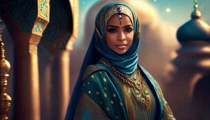 Wall Mural - ai generative of a princess who wears a hijab and robe