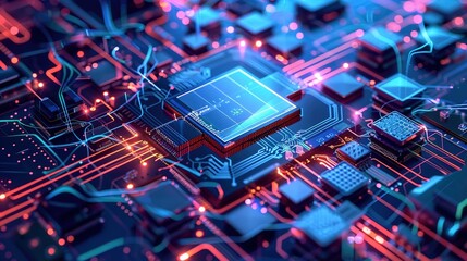 Poster - Abstract technology background of a quantum computing system with processor and electronic circuit. Artificial neurons, global data connections