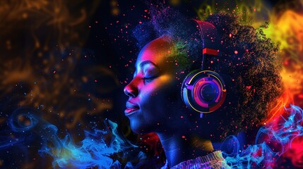 Canvas Print - African woman wearing headphones, enjoying music beats, feeling emotions in vibrant color pulse, colorful dynamic sound vibes and abstract digital light effects on black background