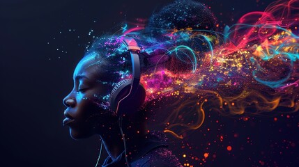 Sticker - African woman wearing headphones, enjoying music flow, feeling emotions in vibrant color vibes, colorful dynamic sound waves and abstract digital light effects covering her hair on black background