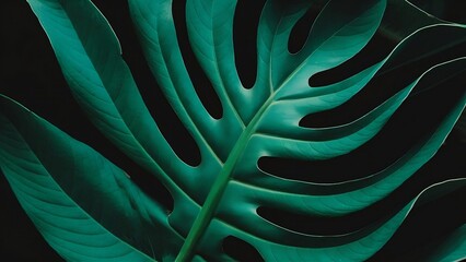 Wall Mural - Close-up abstract macro nature exotic turquoise blue green leave texture tropical Jungle plant in dark background.Curve leaf floral botanical desktop wallpaper,website cover backdrop.