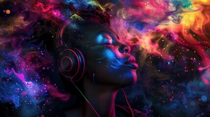 Canvas Print - African woman wearing headphones, enjoying music flow, feeling emotions in vibrant color vibes, colorful dynamic sound waves and abstract digital light effects covering her hair on black background