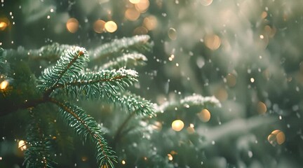 Christmas tree branches, with a blurred background featuring golden lights and snowflakes falling on it.