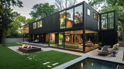 Canvas Print - Modern container house with dark metal paneling and green backyard 