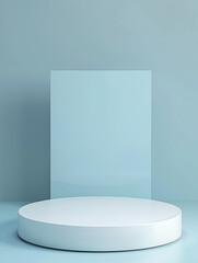 Wall Mural - 3d render of a simple white round empty podium platform on a light blue pastel background