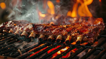 Wall Mural - Juicy pork ribs cooking over smoldering charcoal, flames and smoke adding flavor