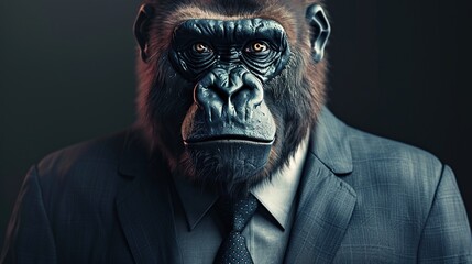 Wall Mural - Gorilla dressed in an elegant and modern suit with a nice tie. Fashion portrait of an anthropomorphic animal, monkey, shooted in a charismatic human attitude