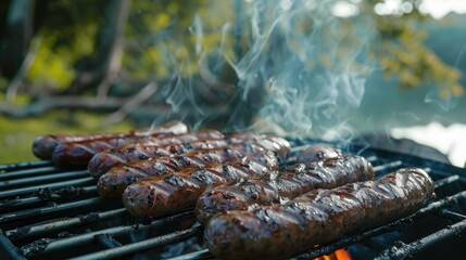 Poster - Smoky homemade sausages grilling at a picturesque campsite