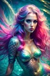 © Mazikeen - Beautiful mermaid, naiad with long pink hair underwater in the ocean