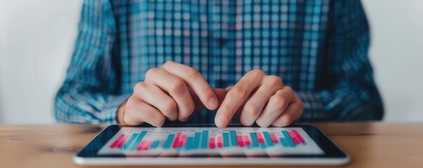 Close-up of hands using a tablet for data analysis, displaying colorful graphs and charts on the screen.