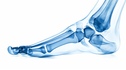 An X-ray image of a foot, clearly displaying the detailed structure of bones, arches, and joints.