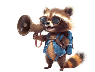 Wall Mural - cute cartoon racoon in casual clothes and backpack and wear sunglasses hold megaphone isolated transparent background