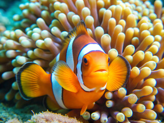 Wall Mural - fish in aquarium, underwater, clownfish, ocean, coral, clown, tropical, nemo, reef, aquarium, water, anemonefish