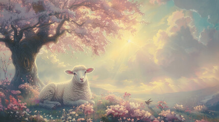 Wall Mural - A sheep is laying in a field of flowers next to a tree