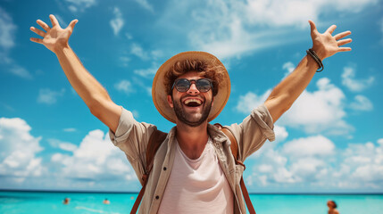 A happy Caucasian man wearing a hat and sunglasses, with arms stretched wide, standing under sunny skies by the beach against a backdrop of fluffy clouds, exuding joy and carefree vibes.