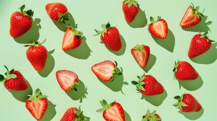 Wall Mural - Bright Strawberries Whole and Cut Against Light Green Background